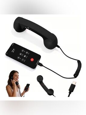 Retro Bluetooth-Style Black Handset with USB-C Cable - Classic Phone Receiver